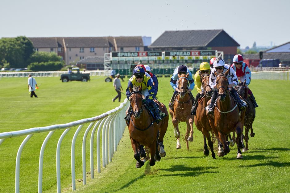 A jockey in a blue, white, and yellow racing silks, wearing a protective yellow helmet, rides a chestnut horse with a glossy coat on a racecourse with well-maintained grassy turf and white railings. T